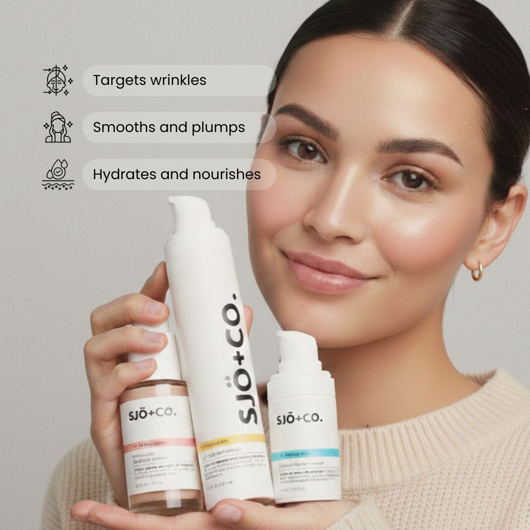 Woman holding SJO+CO anti-aging skincare collection products, smiling with glowing skin
