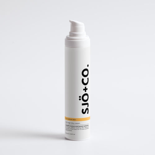 Anti-ageing day cream bottle with 'SJO+CO' branding on a light grey background