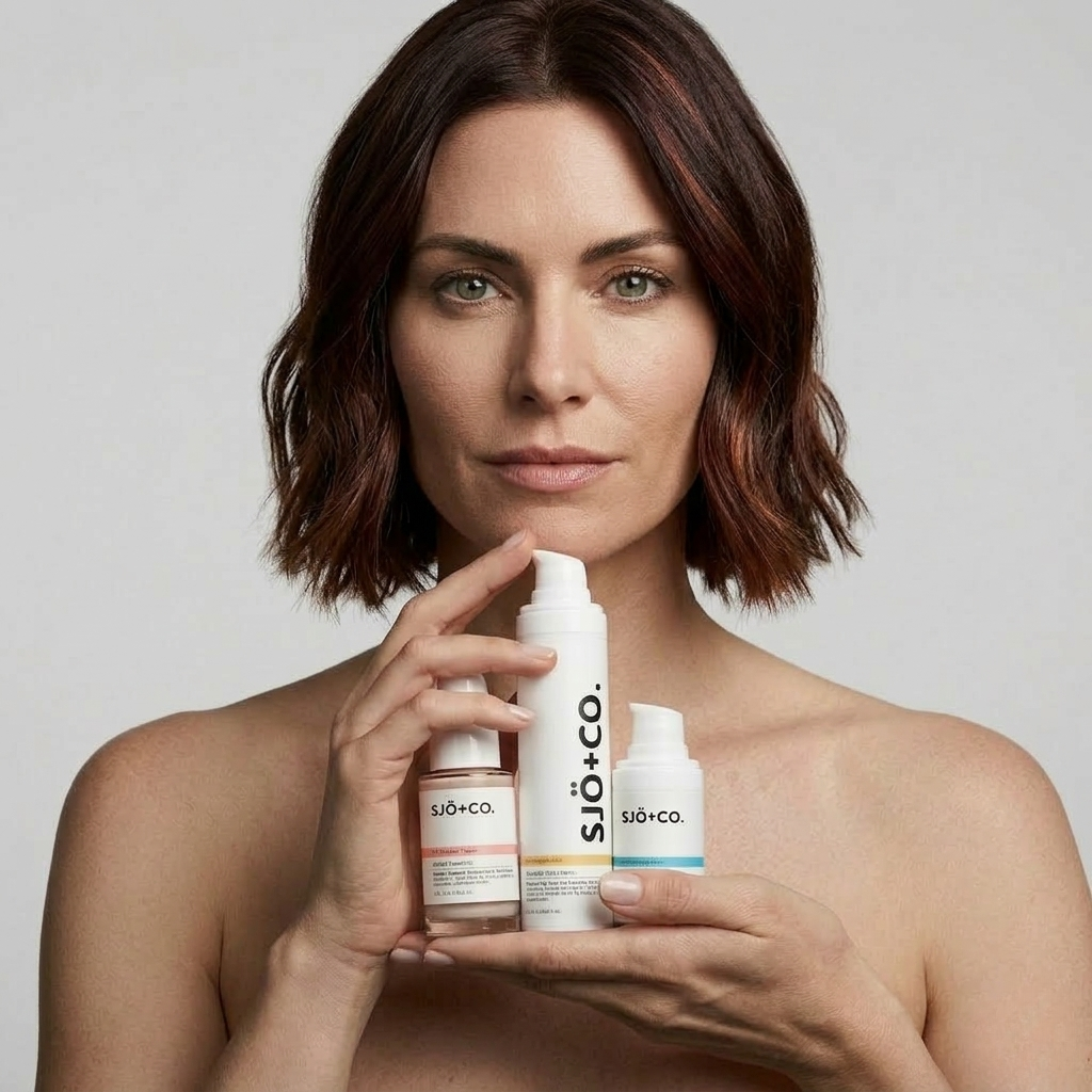 Woman holding SJO+CO skincare products against a neutral background