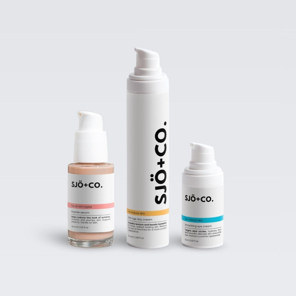 Three skincare products from Sjö+Co on a light gray background
