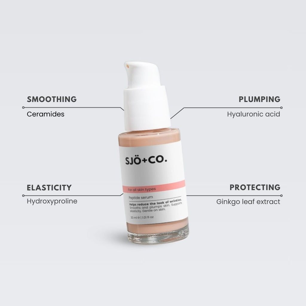 Skincare serum bottle with labeled benefits on a white background